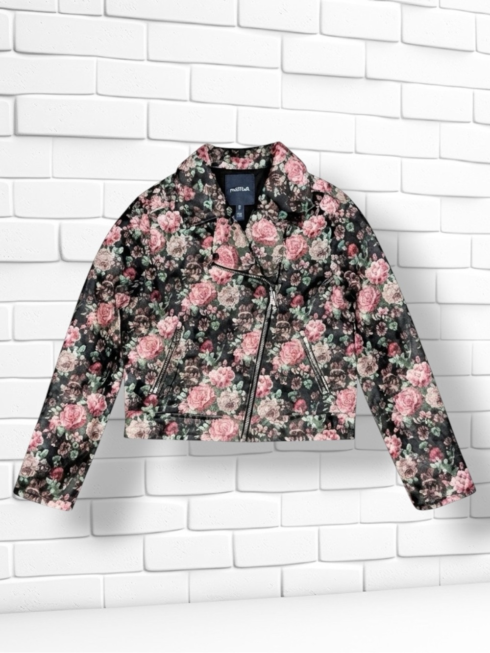 ModCloth Jacket Black Pink Floral Faux Leather Moto Biker Retro Whimsigoth M